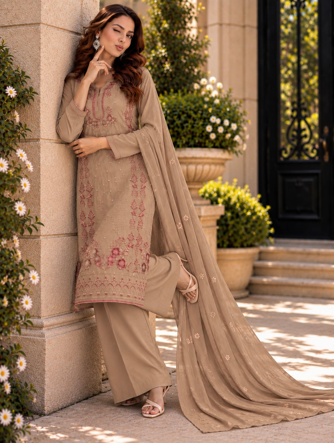 (362) Abeeha beige/taupe Viscose Floral Embroidered Suit 
A beautiful blend of comfort and elegance, soft viscose kameez with delicate floral embroidery, paired with a stunning Bamber dupatta