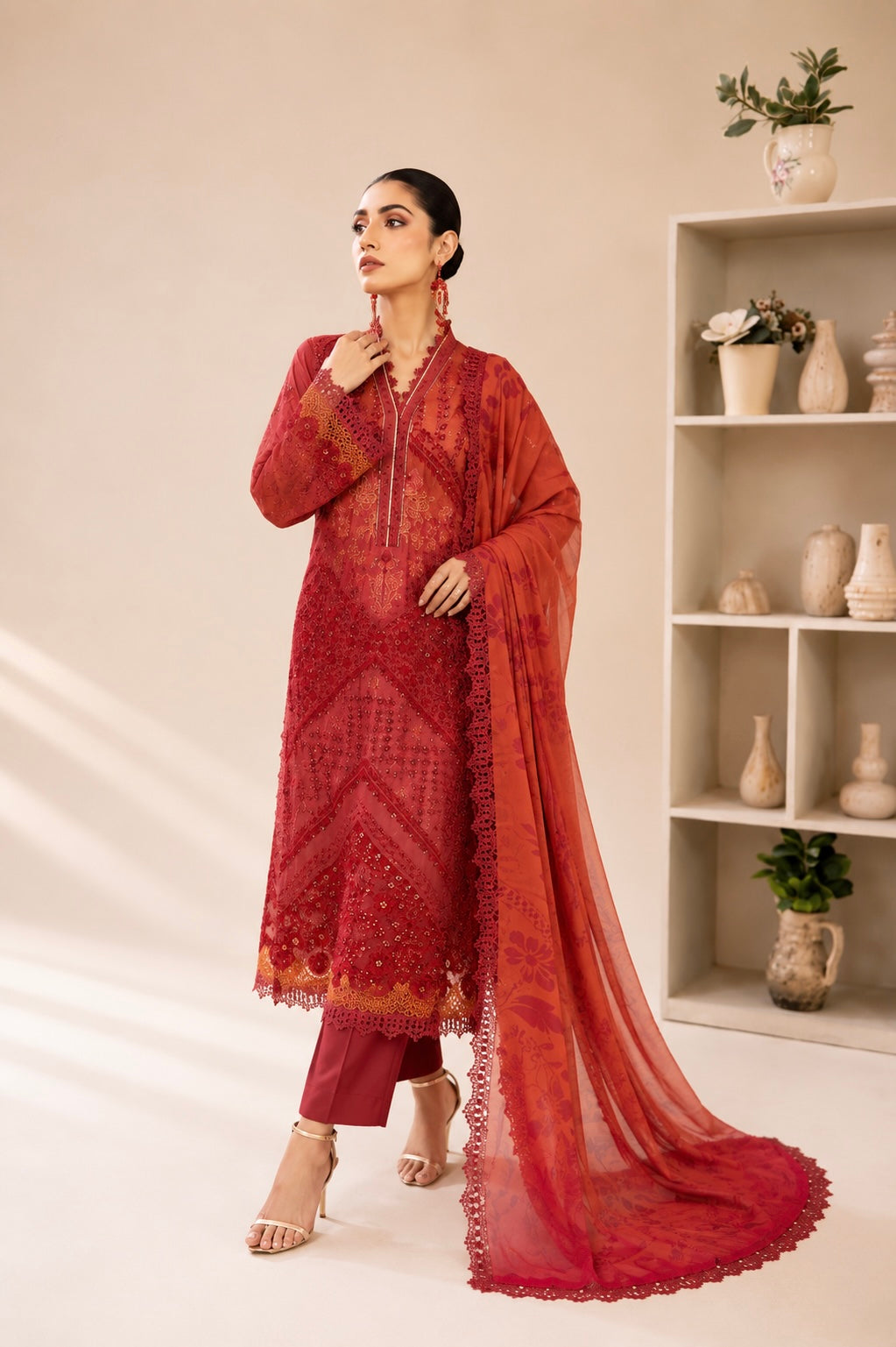(350) Maria b inspired embroidered arabic lawn lace cutwork pearl sequins printed chiffon dupatta ready to wear