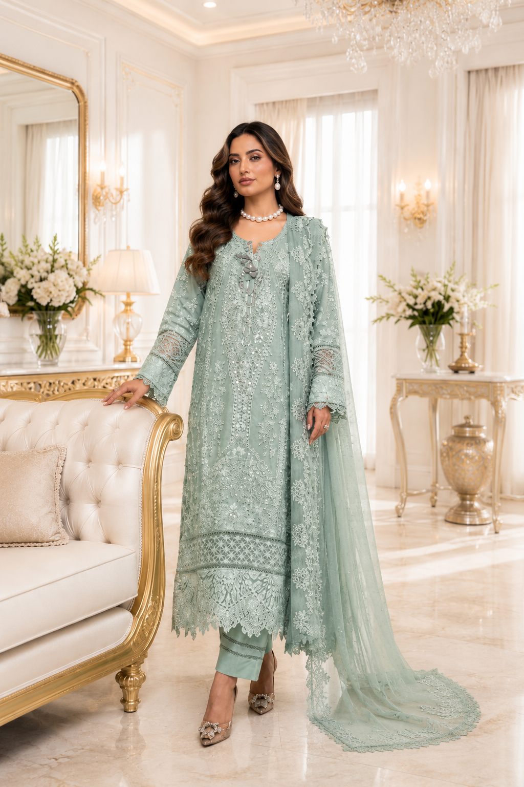 (155) Munira Premium Lawn Suit | Beaded Sequin Embroidery & Chiffon Dupatta