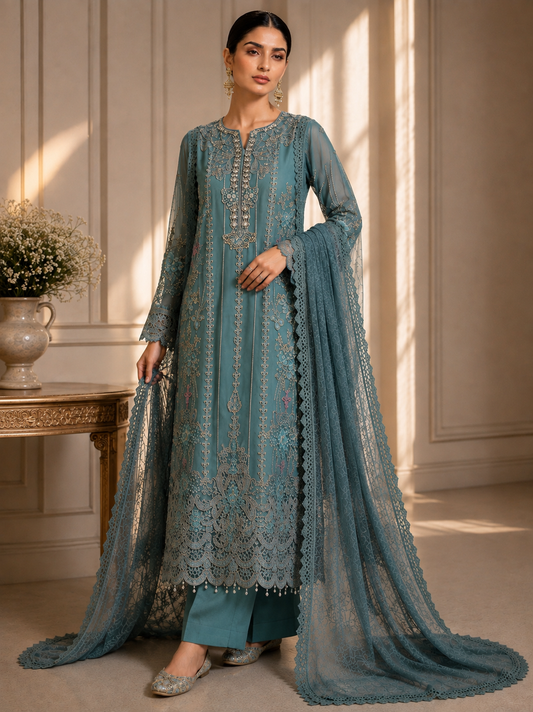 (124) Maria b chiffons inspired lace beaded diamonte neck floral chiffon kameez chiffon duppatta ready to wear