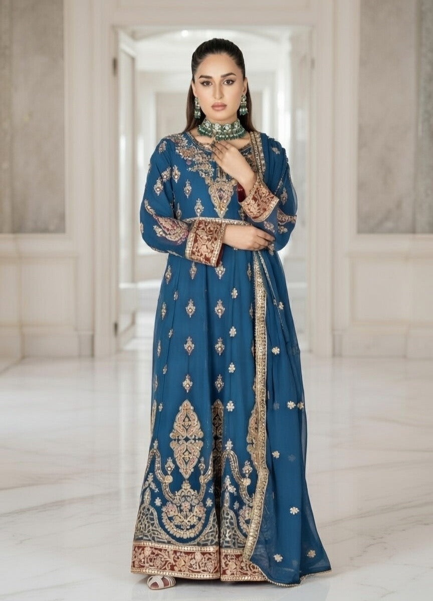 (105) Blue Crinkle Chiffon Anarkali | Gold Embroidery & Diamante Work