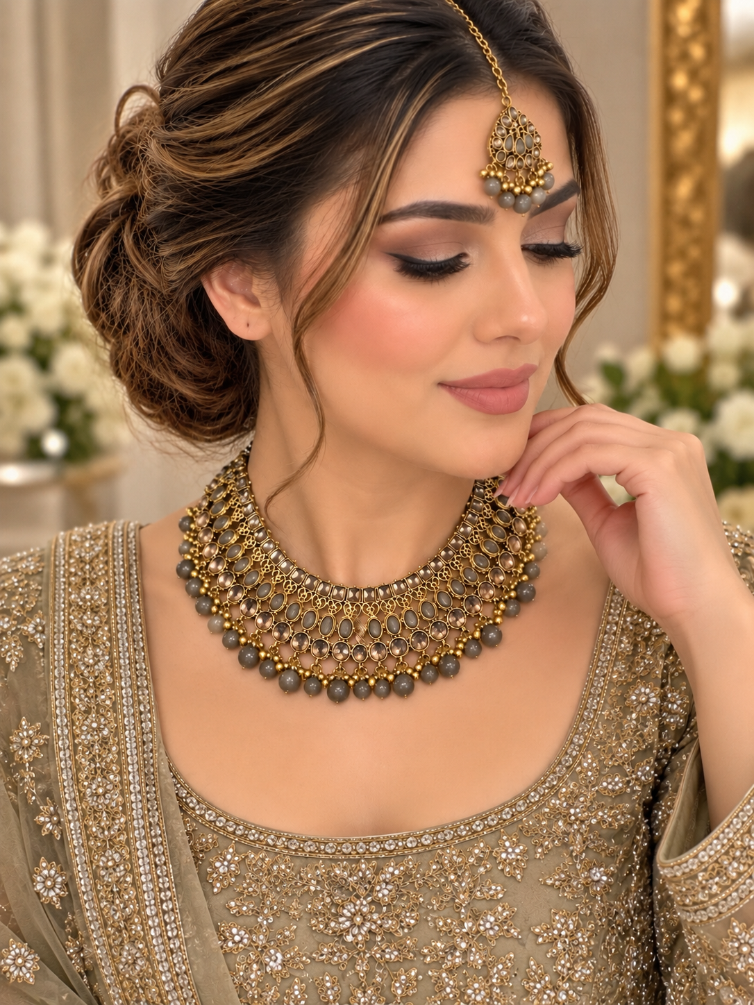 (J11) antique gold jewellery set featuring grey stones, sparkling crystal detailing and delicate bead drops, complete with a statement necklace and matching tikka