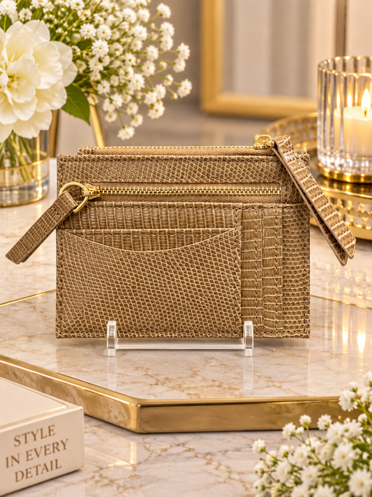 (355) Elegant textured card holder purse with multiple card slots, secure zip compartment and stylish gold detailing. Compact, practical and perfect for everyday use
