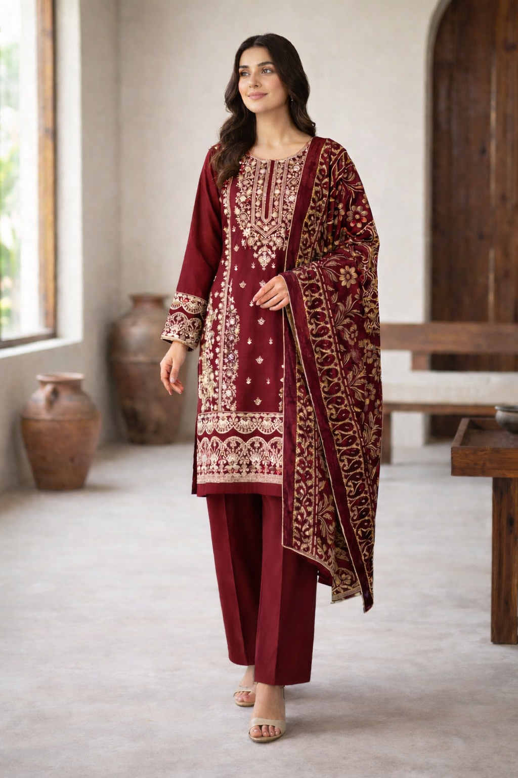 (314) Pakistani Viscose Suit | Embroidery & Palachi Dupatta Set