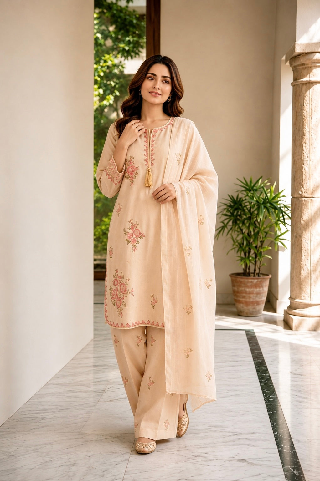 (366) Abeeha Elegant beige Viscose Suit – A beautifully designed rounded kameez featuring delicate gold thread floral embroidery, paired with stylish palazzo trousers and a soft bamber dupatta.