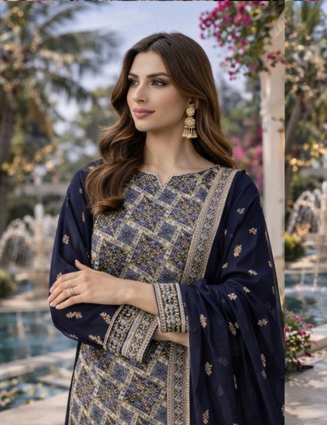 (359) Elegant navy blue fancy zari lawn suit, ready-to-wear, beautifully crafted with intricate detailing and paired with a four-sided (chaar patti) richly embroidered dupatta for a complete graceful look.