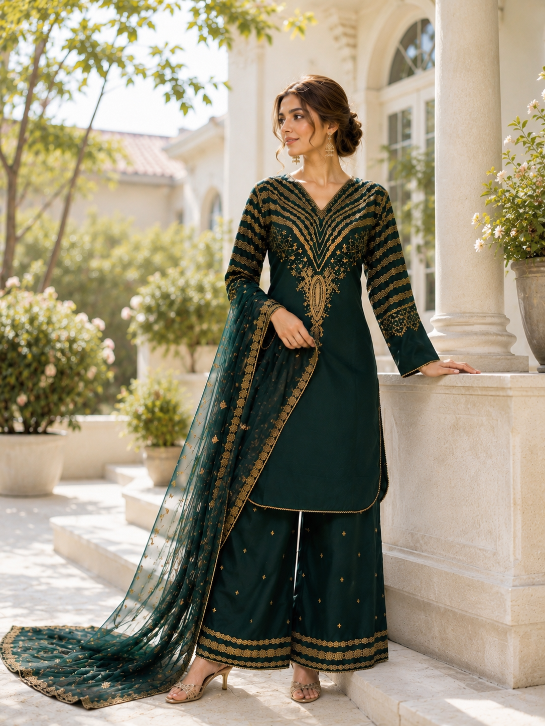 (290) Green Viscose Palazzo Suit | Gold Thread & Sequin Embroidery