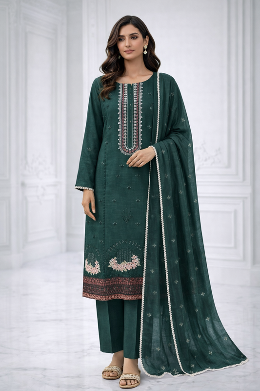 (15) Elegant Linen 3PC Suit | Chikankari & Lace | Lawn Dupatta