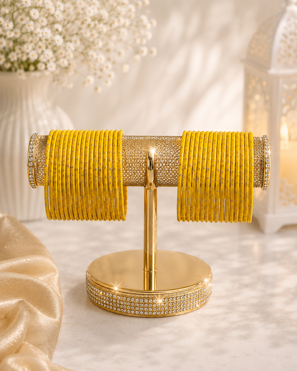 (B3) Elegant mustard yellow bangles with delicate sparkling detail. Perfect for weddings, Eid and special occasions size 2.6