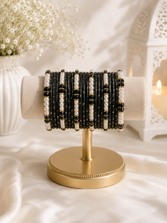 (B5) Elegant black bangle set with delicate pearl detailing and subtle gold accents perfect for weddings, Eid, parties and special occasions size 2.4