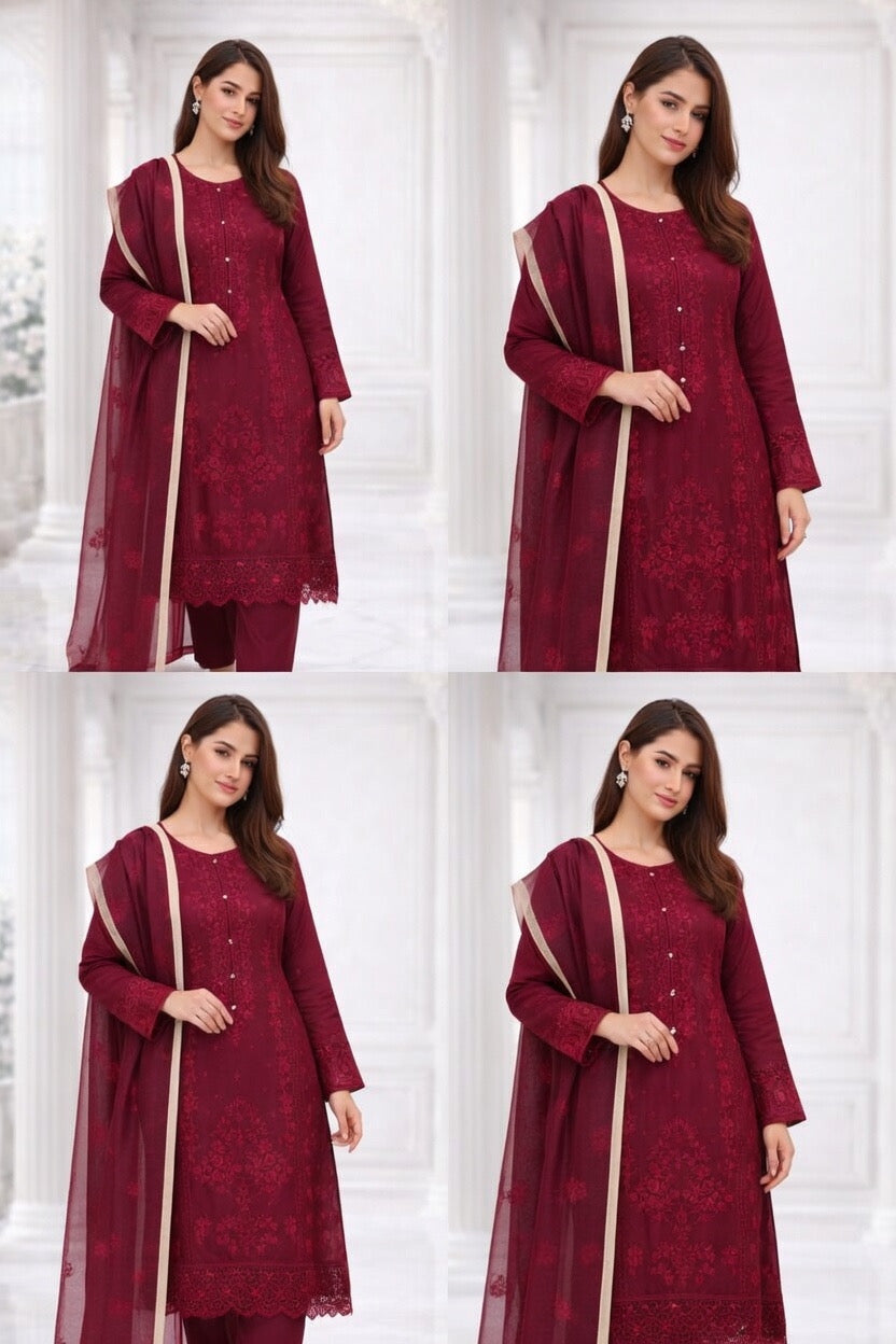 (350) Maroon Chikankari Viscose Suit | Sequin Embroidery | Ready to Wear