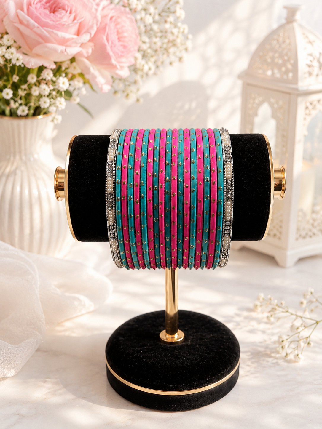 (B1) Pink & turquoise bangles with gold detailing and sparkling silver accents size 2.6