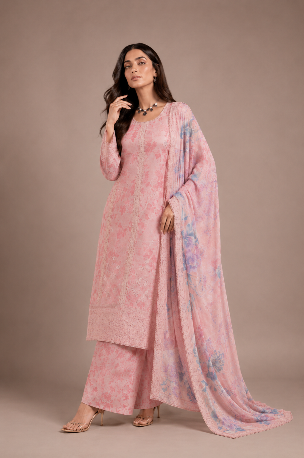 (212) Elegant Floral Printed Lawn Suit | Gold Thread & Sequin Embroidery