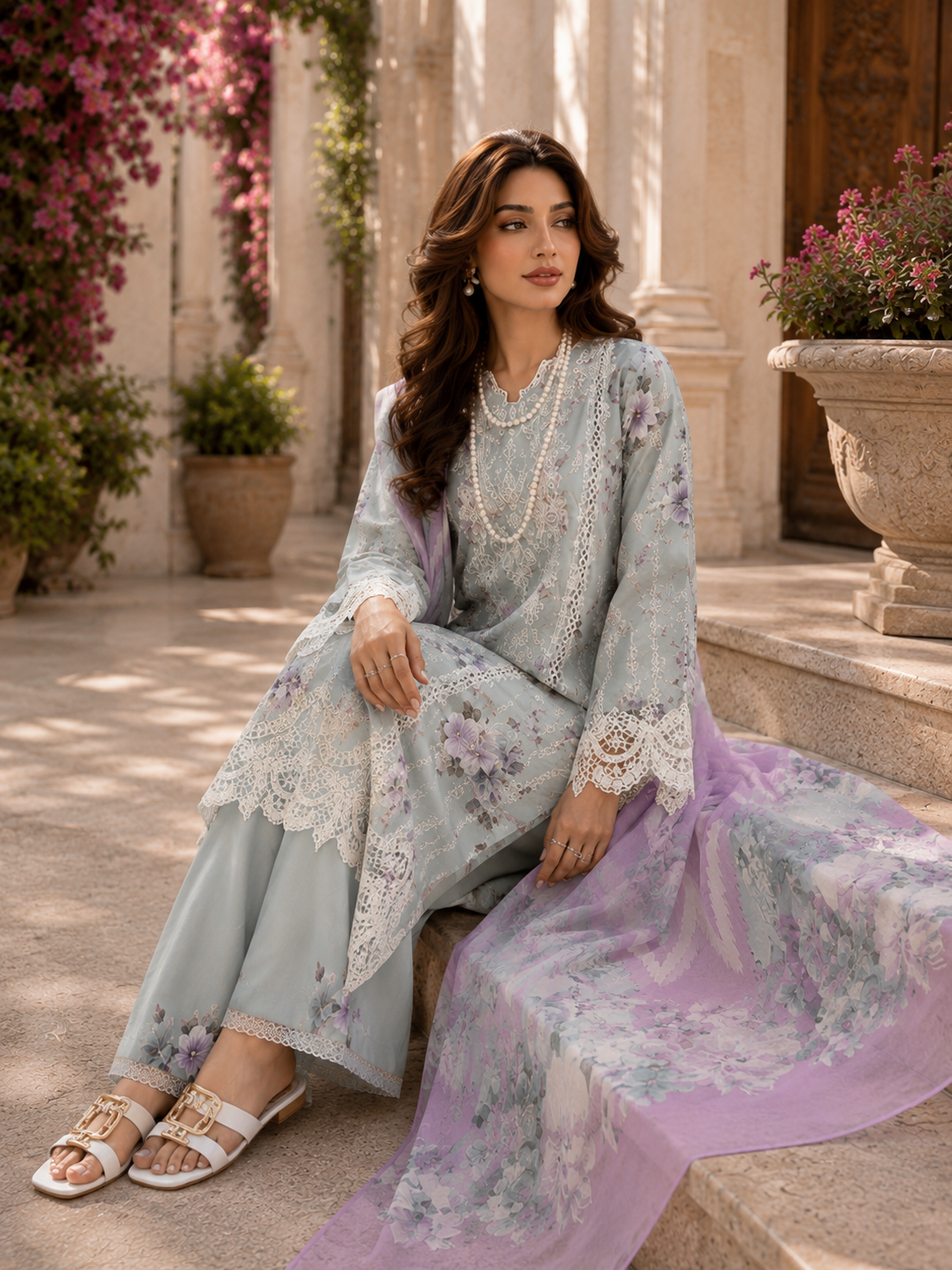 (177) Adan’s Libas Printed Lawn Suit | Lace Embroidery & Voile Dupatta