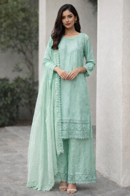 (63) Elegant Mint Green Full Chiffon Suit with Sequin Embroidery and Embroidered Palazzo