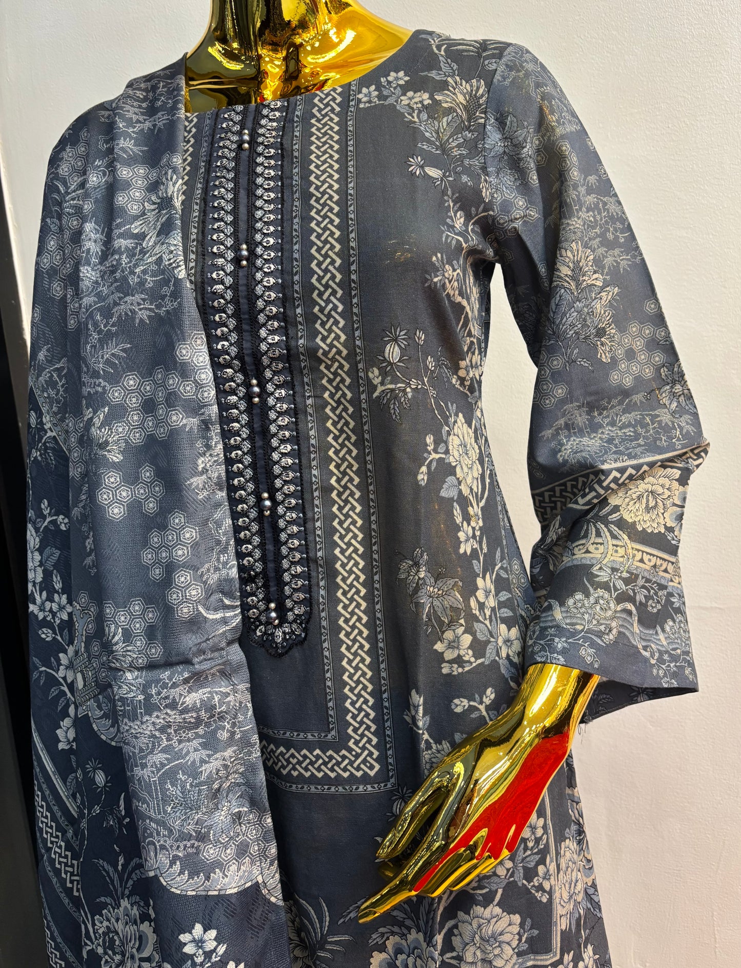 (48) Simran's Embroidered Printed Palazzo Soft Khaddar Ready-Made Suit