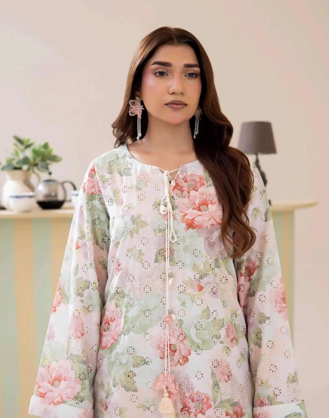(18) Adan’s schiffli floral chickankari printed voil lawn shirt lawn trousers co ord set