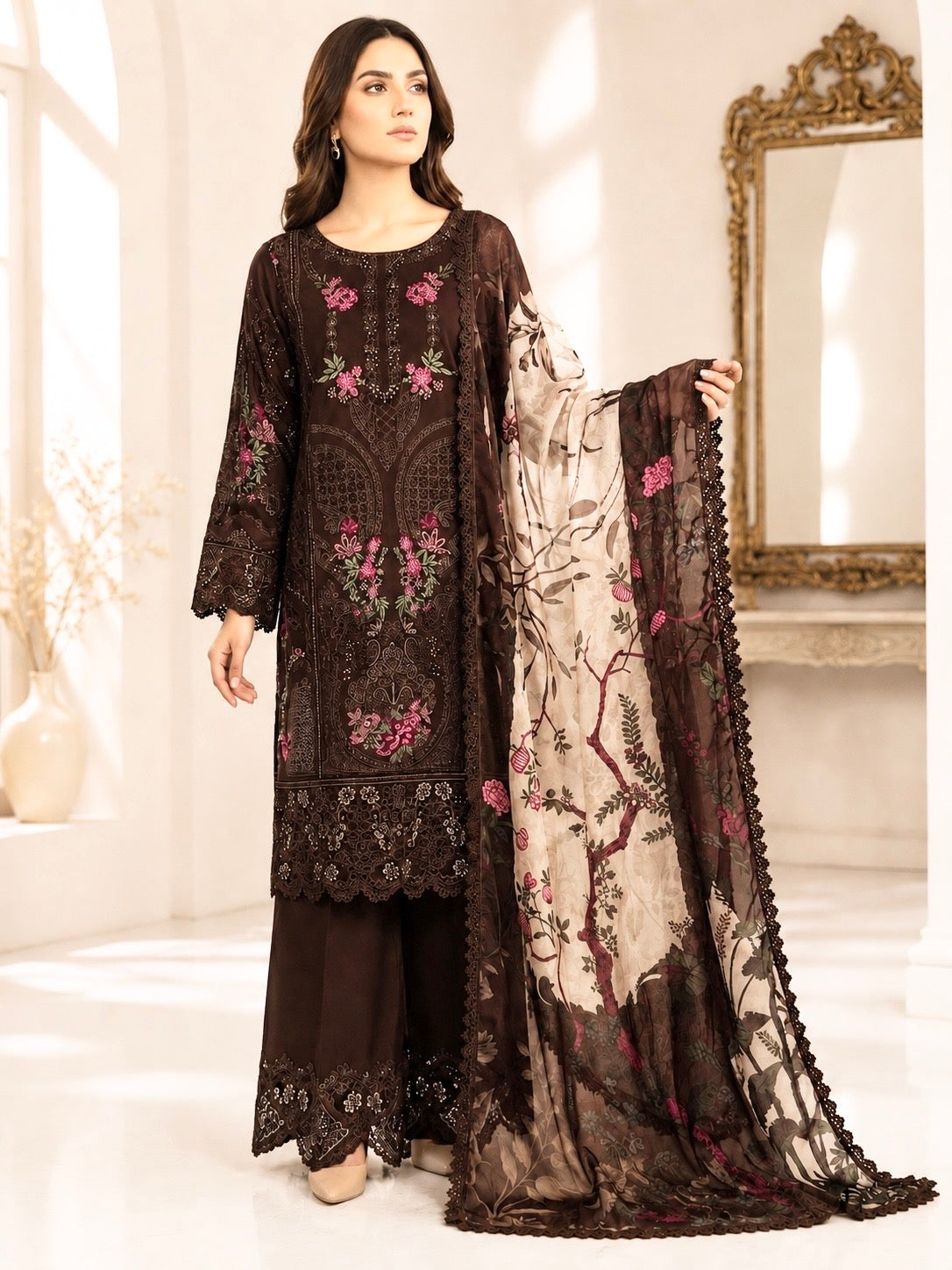(31) Imrozia/serene noor e zahra cotton embroidered sequin floral lace embroidered plazzo trousers contrast silk dupatta ready to wear