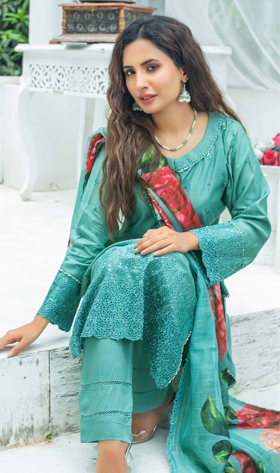 (344) Pakistani Chikankari Viscose Suit | Sequin & Floral Dupatta