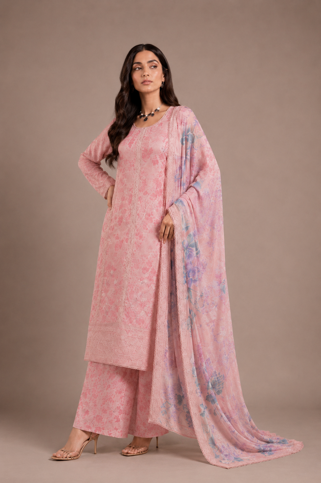 (212) Elegant Floral Printed Lawn Suit | Gold Thread & Sequin Embroidery
