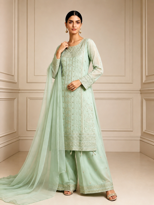(162) elegant mint green elegant gold embroidered chiffon fully lined detailed plazzo ready to wear