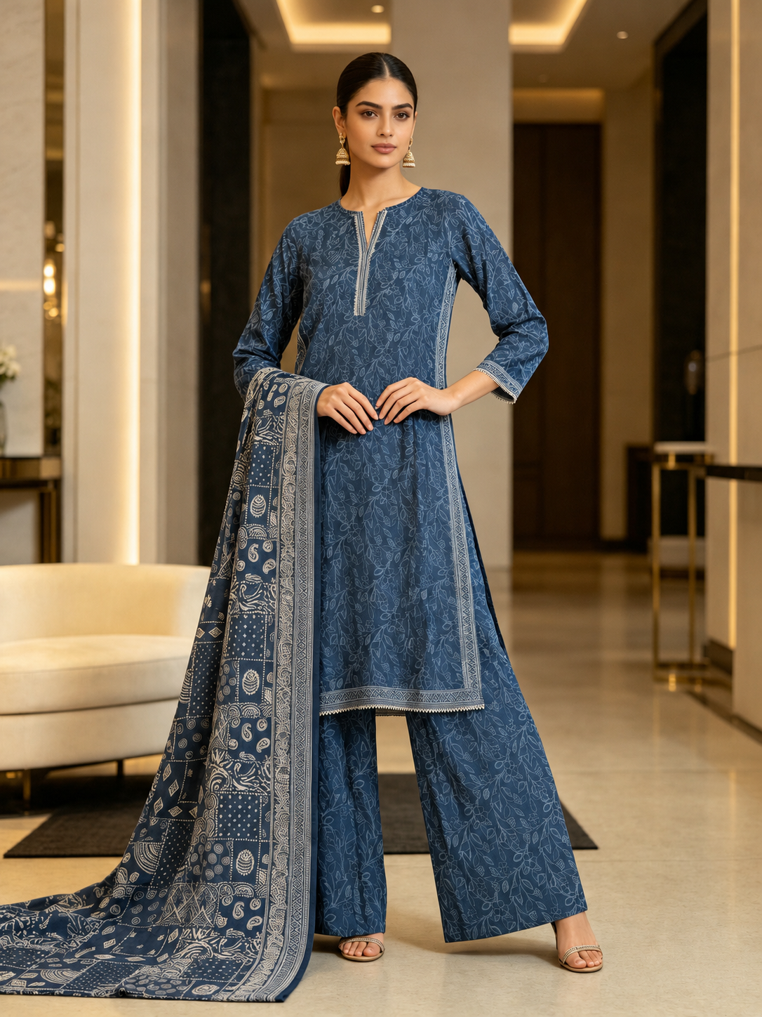 (96) Bin Saeed Elegant Lawn Suit Contrast Lace & Printed Dupatta plazzo trousers Ready to Wear