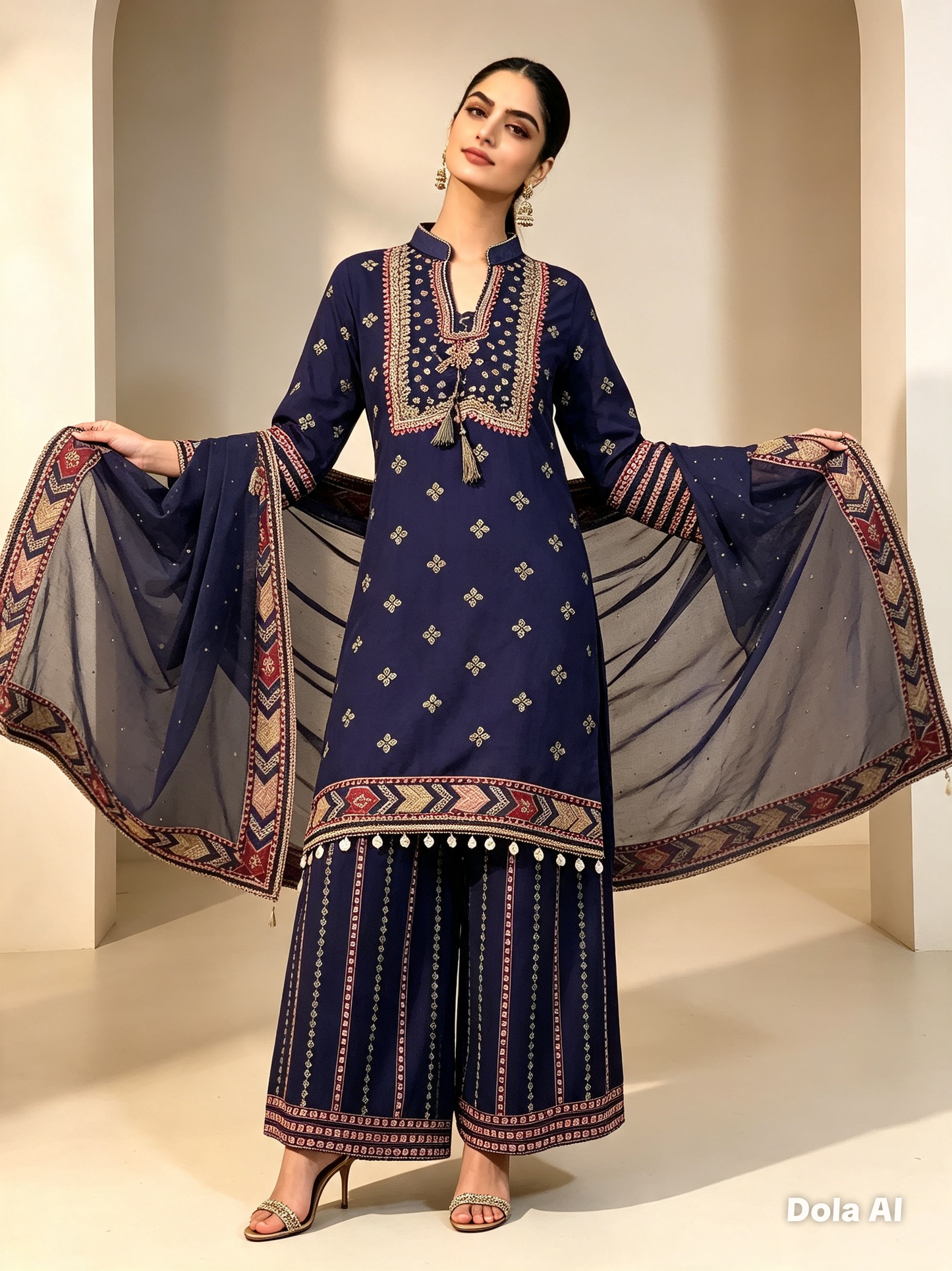 (145) Elegant navy ethnic chiffon plazzo fully lined outfit gold trim contrast colour embroidered ready to wear