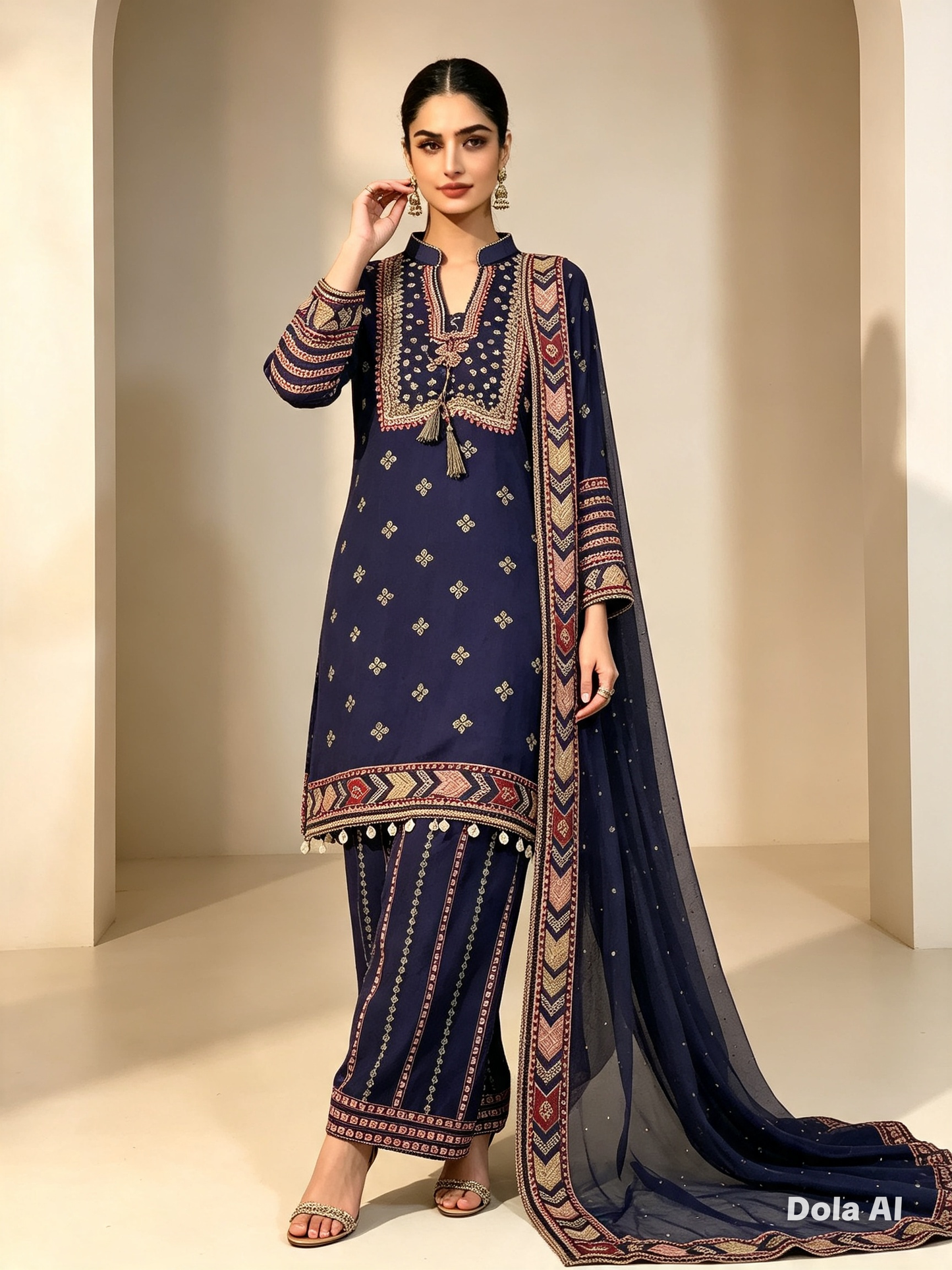 (145) Elegant navy ethnic chiffon plazzo fully lined outfit gold trim contrast colour embroidered ready to wear