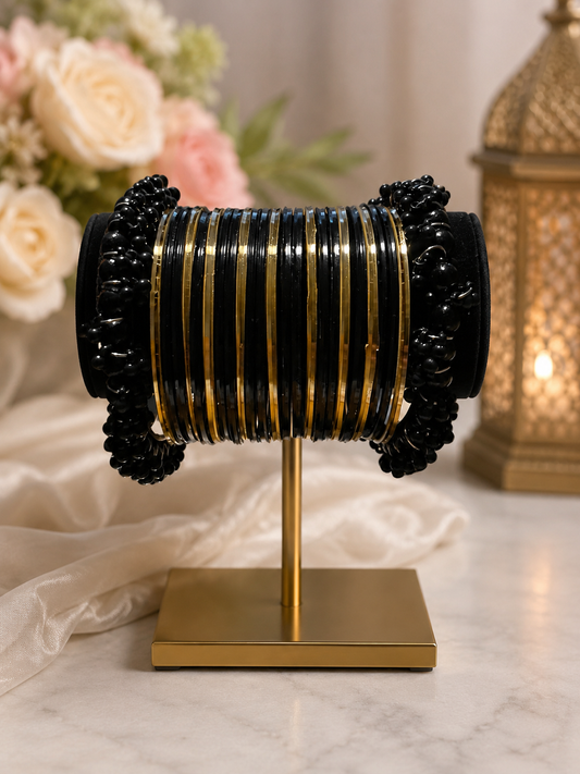 (B6) Elegant black & gold bangle set featuring sleek metallic detailing and beautiful black beaded accents size 2.8