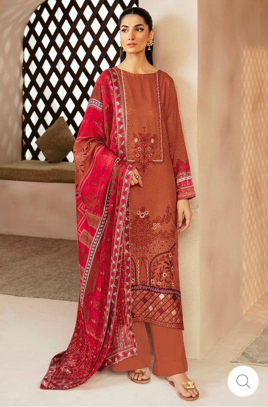 (215) Riwaj by Ramsha Viscose Embroidered Suit with Printed Dupatta