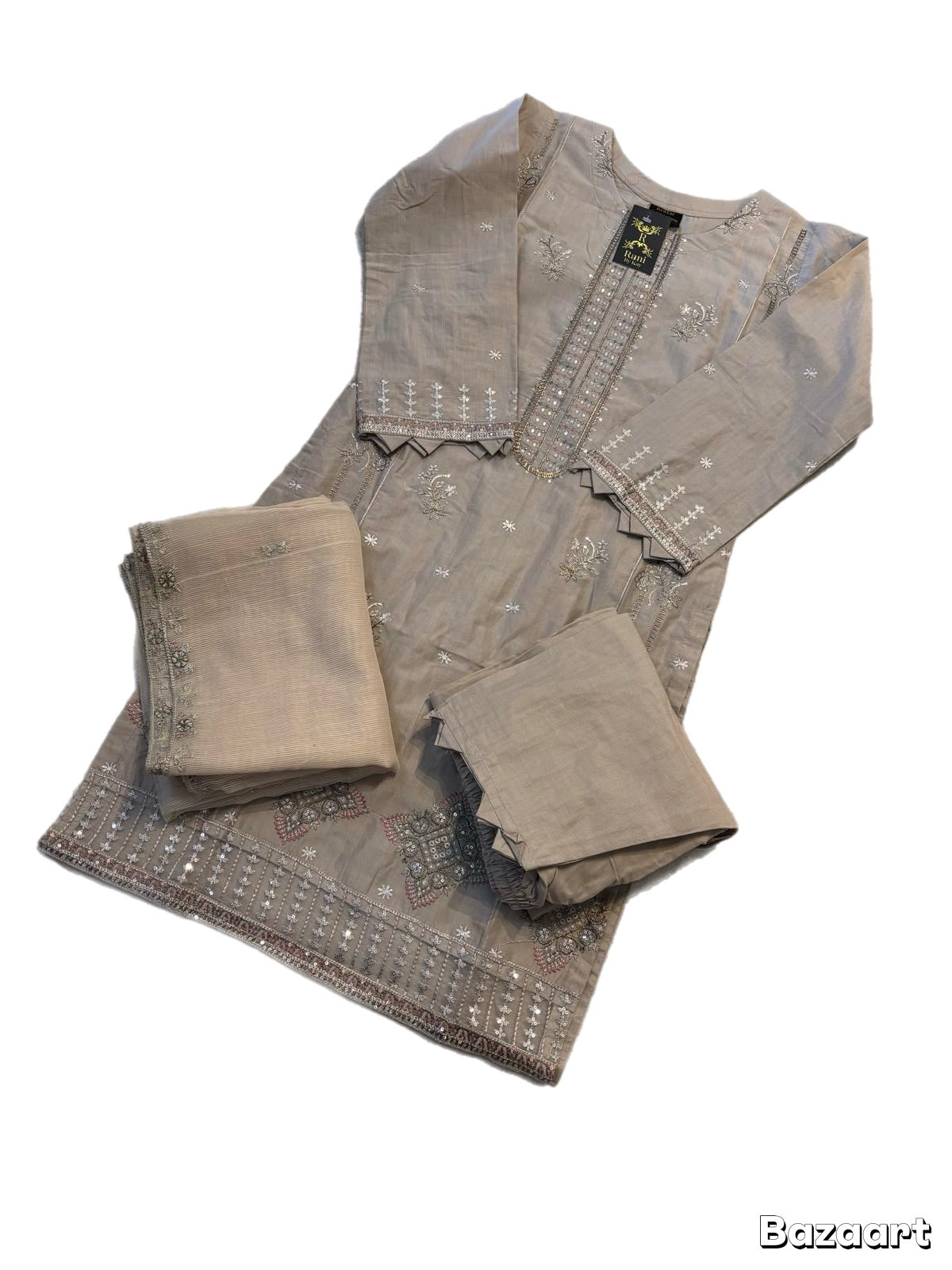 (324) Pakistani Soft Cotton Khaddar Embroidered Suit | Ready-to-Wear with Organza Embroidered Dupatta