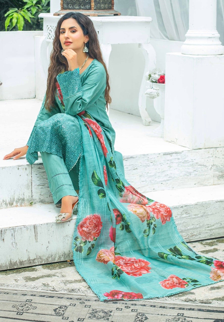 (344) Pakistani Chikankari Viscose Suit | Sequin & Floral Dupatta