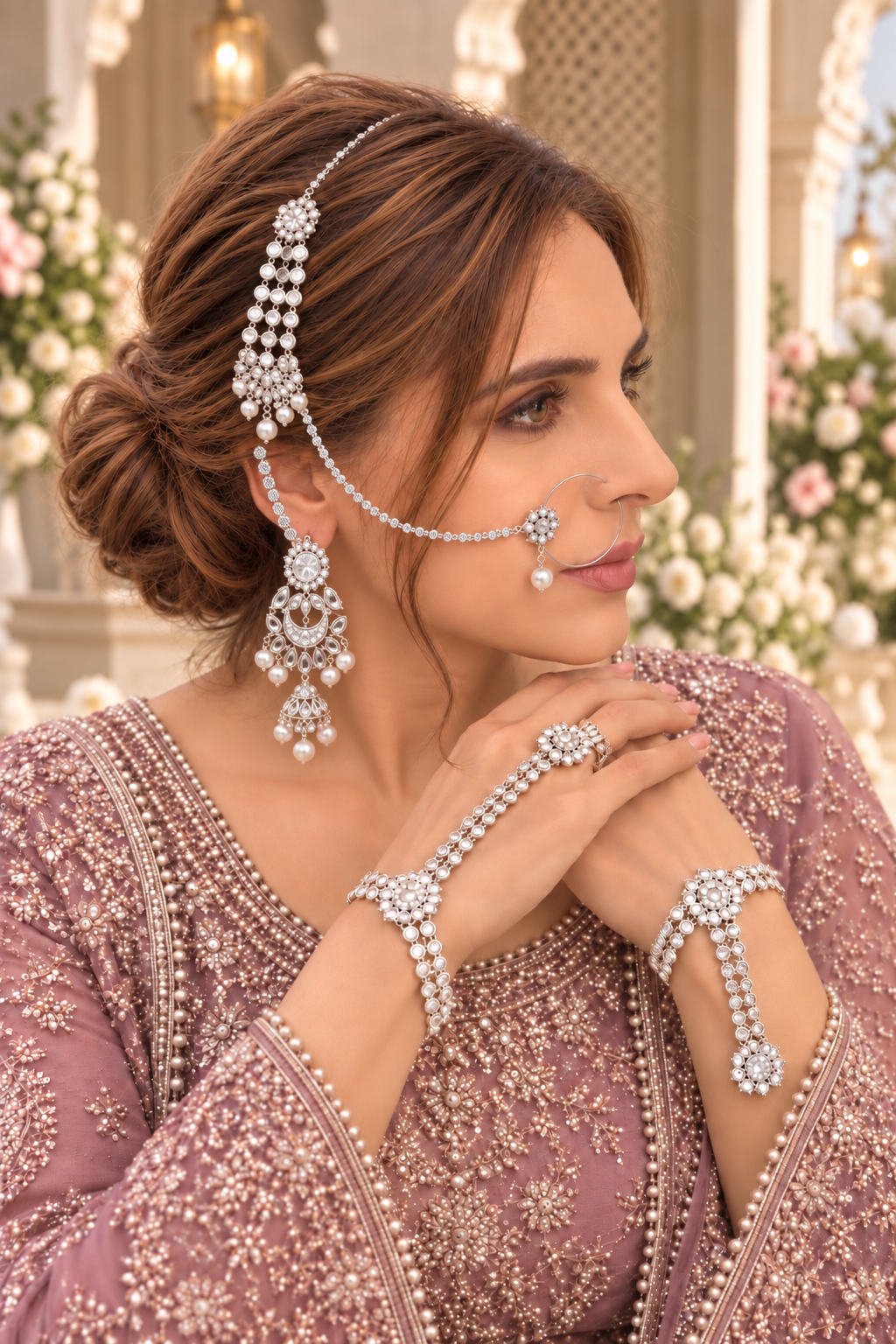Luxury Pakistani eight piece stone-work wedding jewellery set featuring a choker, long necklace, earrings, tikka, matha patti, nose ring and hand jewellery. Perfect for weddings, parties and special occasions