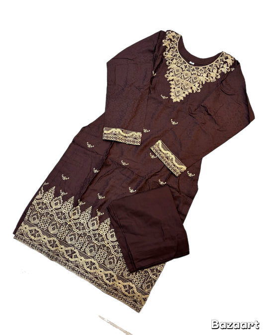 (258) Linen Two-Piece Embroidered Ready Made Suit