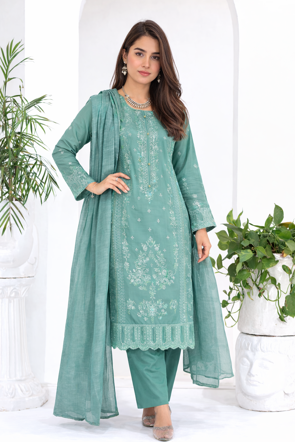 (349) Teal Chikankari Viscose Suit | Sequin Embroidery | Ready to Wear