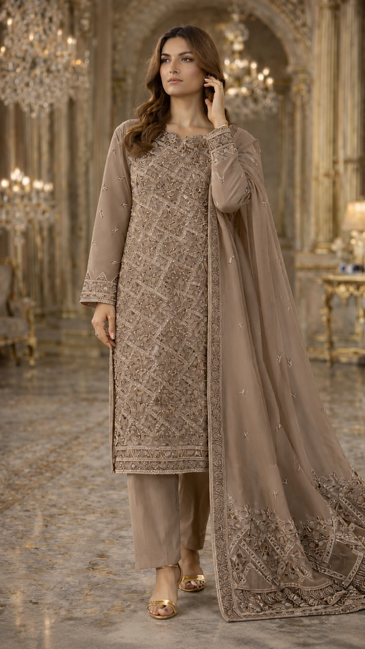 (358) Elegant beige fancy zari lawn suit, ready-to-wear, beautifully crafted with intricate detailing and paired with a four-sided (chaar patti) richly embroidered dupatta for a complete graceful look