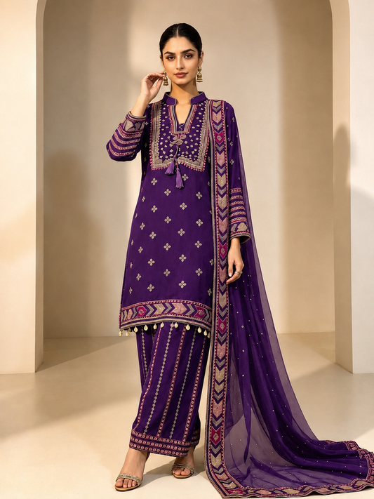 (146) Elegant purple ethnic chiffon plazzo fully lined outfit gold trim contrast colour embroidered ready to wear