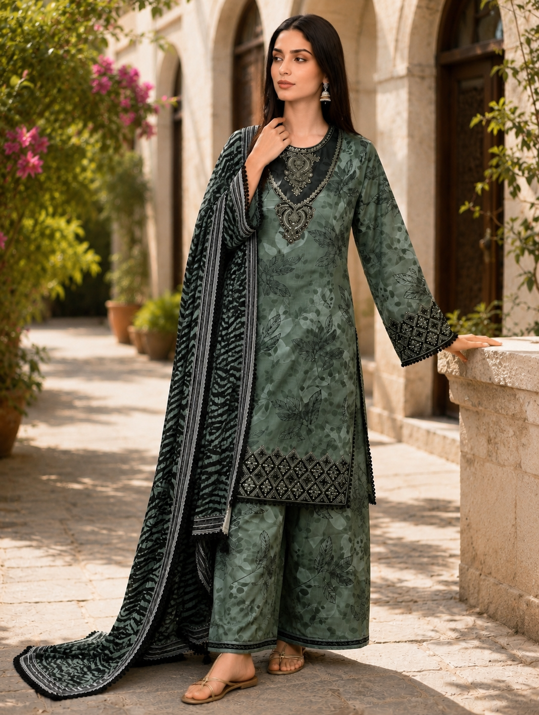Elegant Lawn lace sequin printed embroidered three peice suit ready to wear