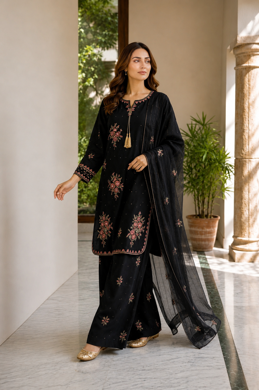 (354) Abeeha Elegant black Viscose Suit – A beautifully designed rounded kameez featuring delicate gold thread floral embroidery, paired with stylish palazzo trousers and a soft bamber dupatta