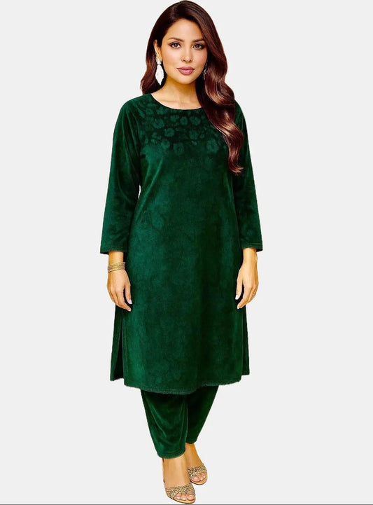 (42) Pakistani Royal Green Velvet Printed Comfy 2-Piece Ready-to-Wear Suit