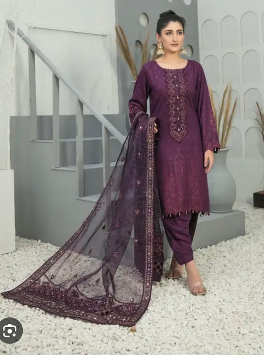 (203) Tawakkal Karandi Suit with Banarsi Organza Embroidered Dupatta
