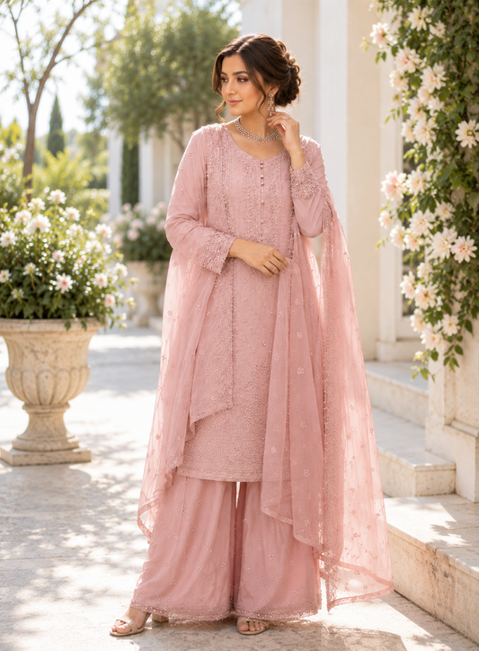 (287) Elegant Pink Chiffon Suit | Mirror, Bead & Sequin Embroidery