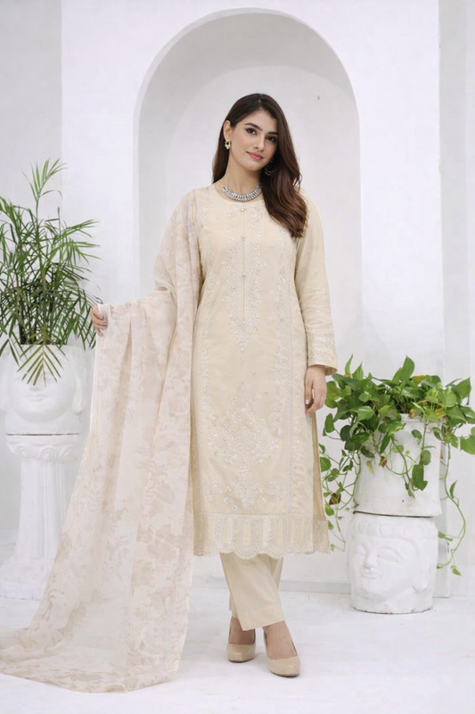 (347) Cream Chikankari Viscose Suit | Sequin Embroidery | Ready to Wear