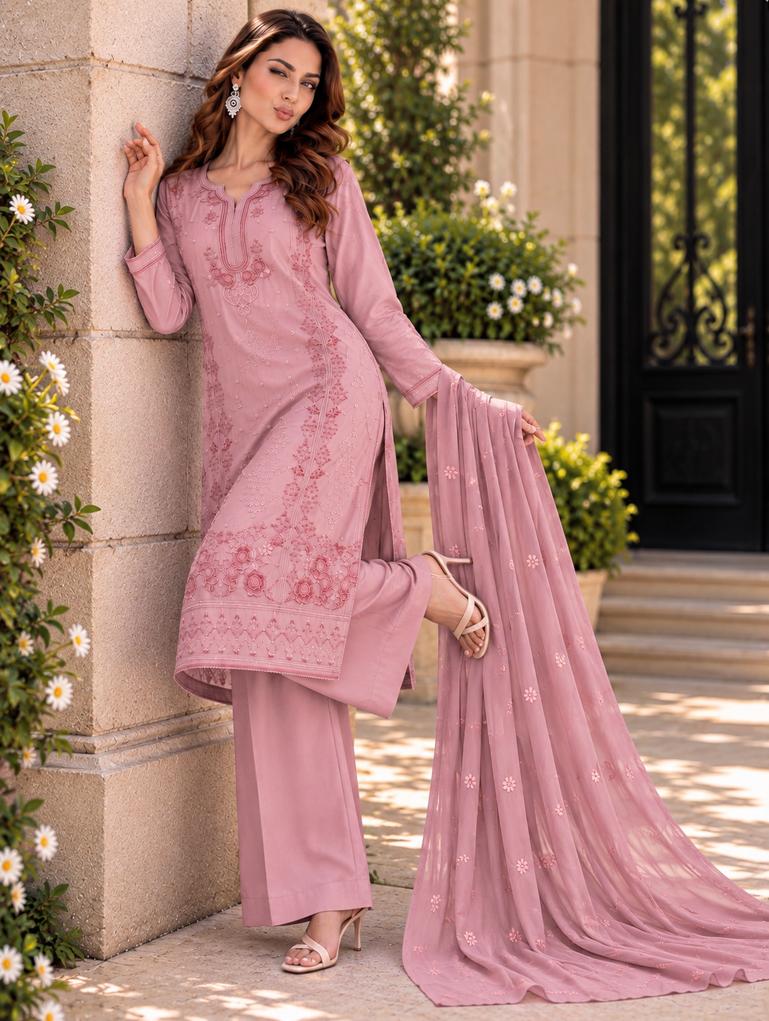 (360) Abeeha light pink Viscose Floral Embroidered Suit 
A beautiful blend of comfort and elegance, soft viscose kameez with delicate floral embroidery, paired with a stunning Bamber dupatta