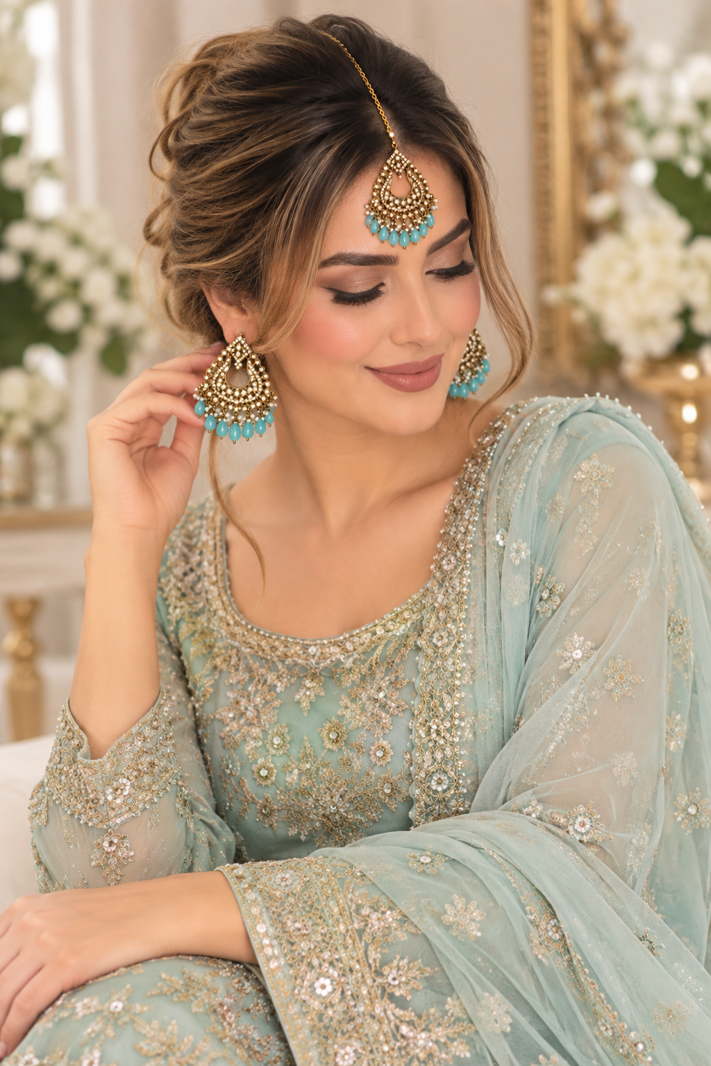(J4) Pakistani turquoise gold diamonte tikka jewelry set
