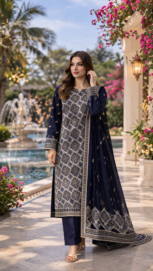 (359) Elegant navy blue fancy zari lawn suit, ready-to-wear, beautifully crafted with intricate detailing and paired with a four-sided (chaar patti) richly embroidered dupatta for a complete graceful look.