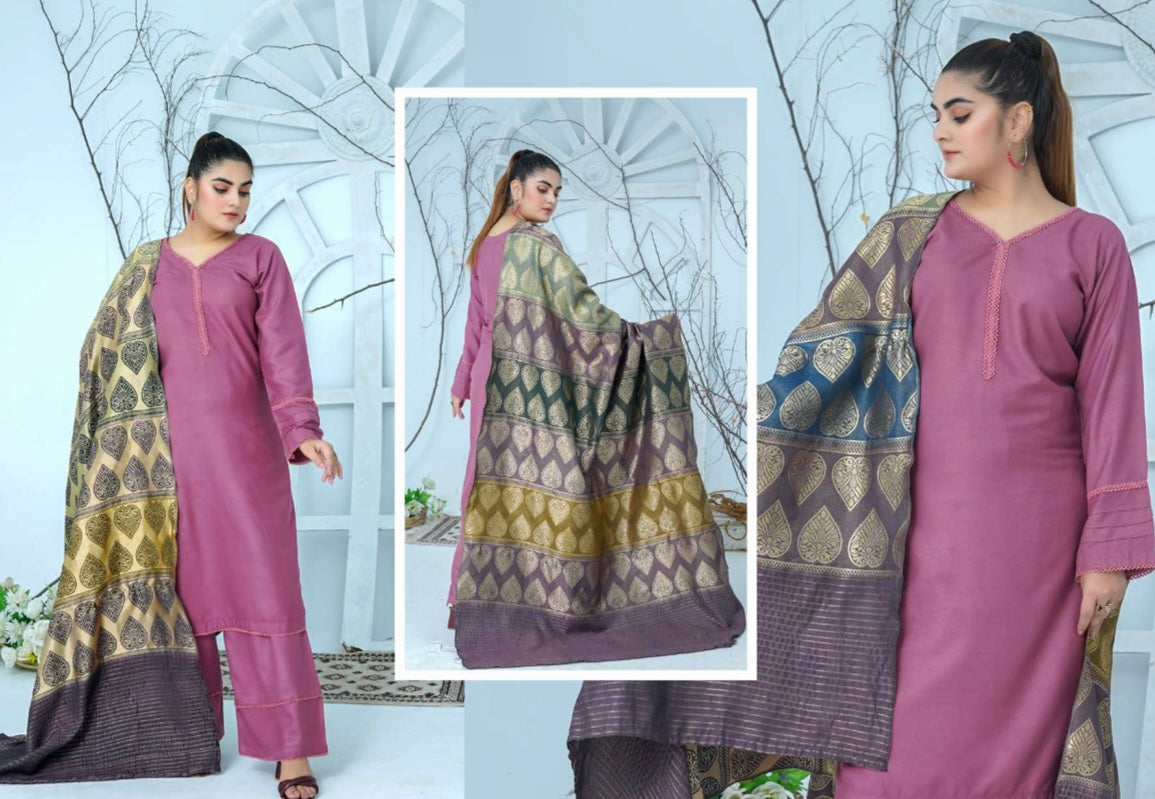 (142) Pakistani Dhanak autumn winter contrast shawl ready to wear suit