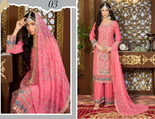 (6) Pakistani Ladies' Chiffon Suit with Stonework Embroidery & Palazzo Trousers