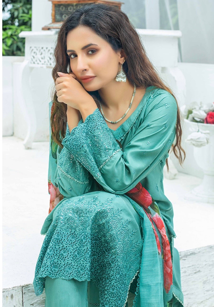 (344) Pakistani Chikankari Viscose Suit | Sequin & Floral Dupatta