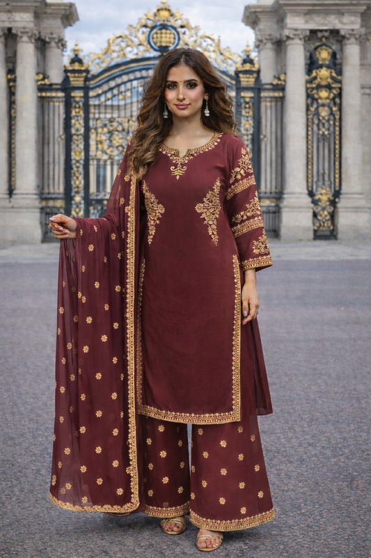 (255) Pakistani Maroon Gold Sequined Thread Embroidered Viscose Palazzo with Chiffon Dupatta Ready Made